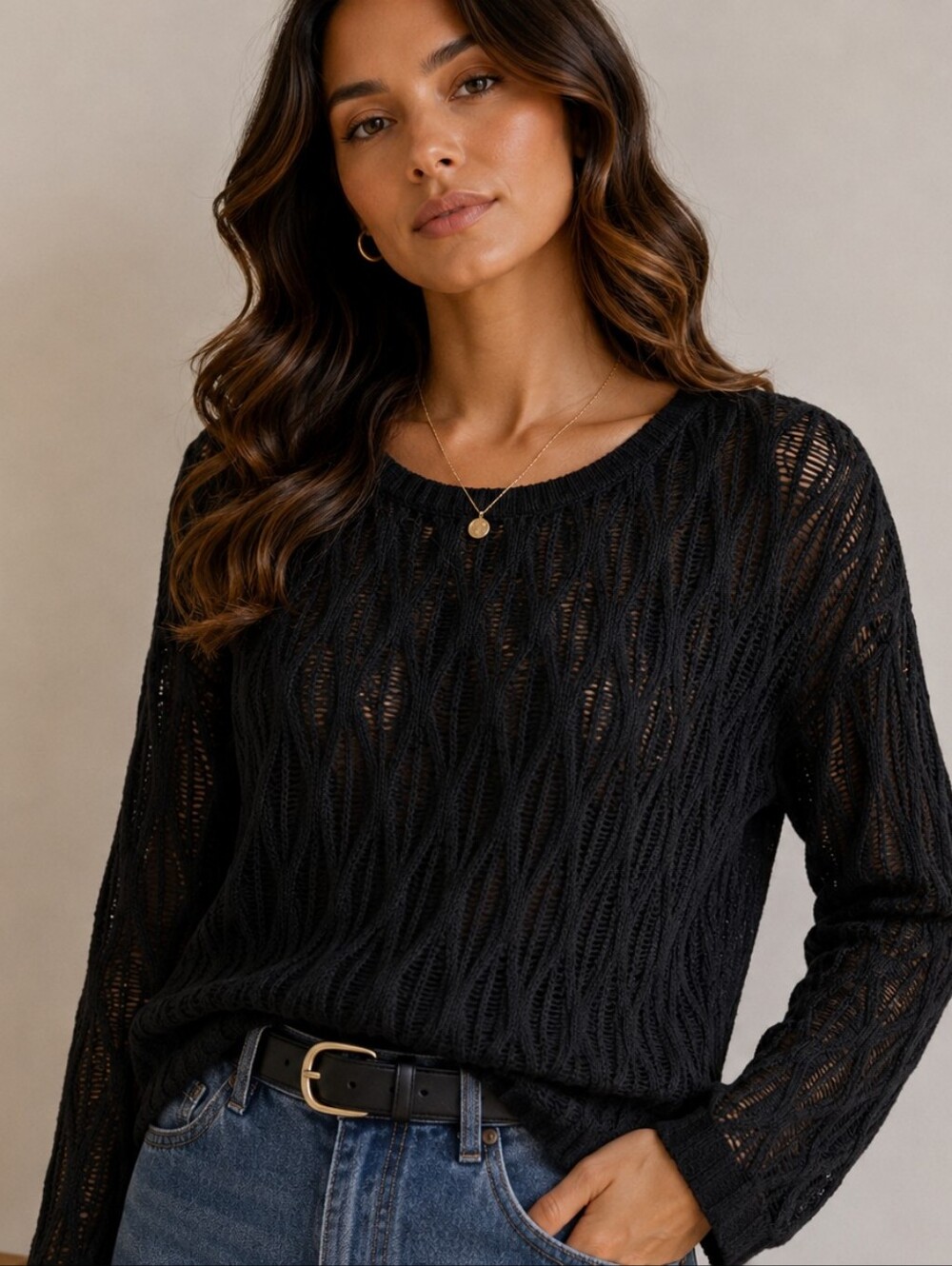 💙 Papillon Blanc Black Open-Knit Long Sleeve Top
